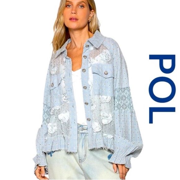 Pol Anthropologie LEAH Blue Eyelet Lace Pearl Flower Embellished Jacket - Picture 1 of 16